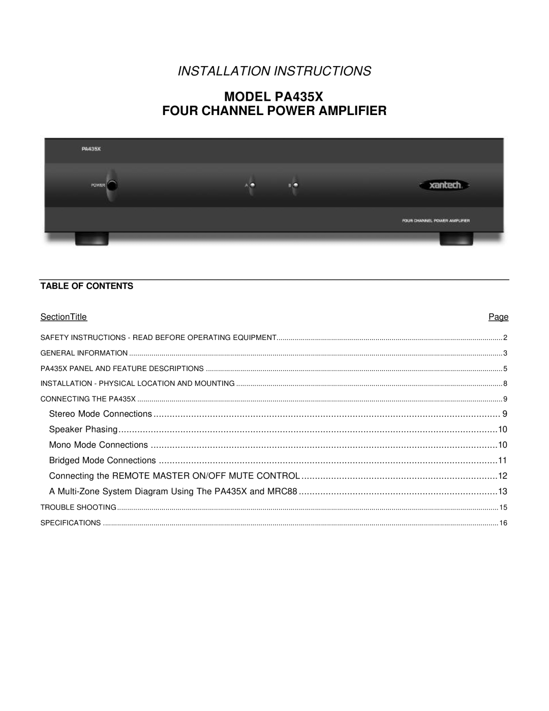 Xantech installation instructions Model PA435X Four Channel Power Amplifier 