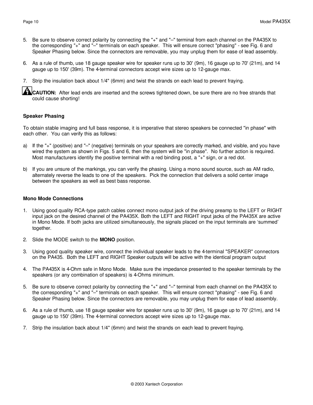 Xantech PA435X installation instructions Speaker Phasing, Mono Mode Connections 