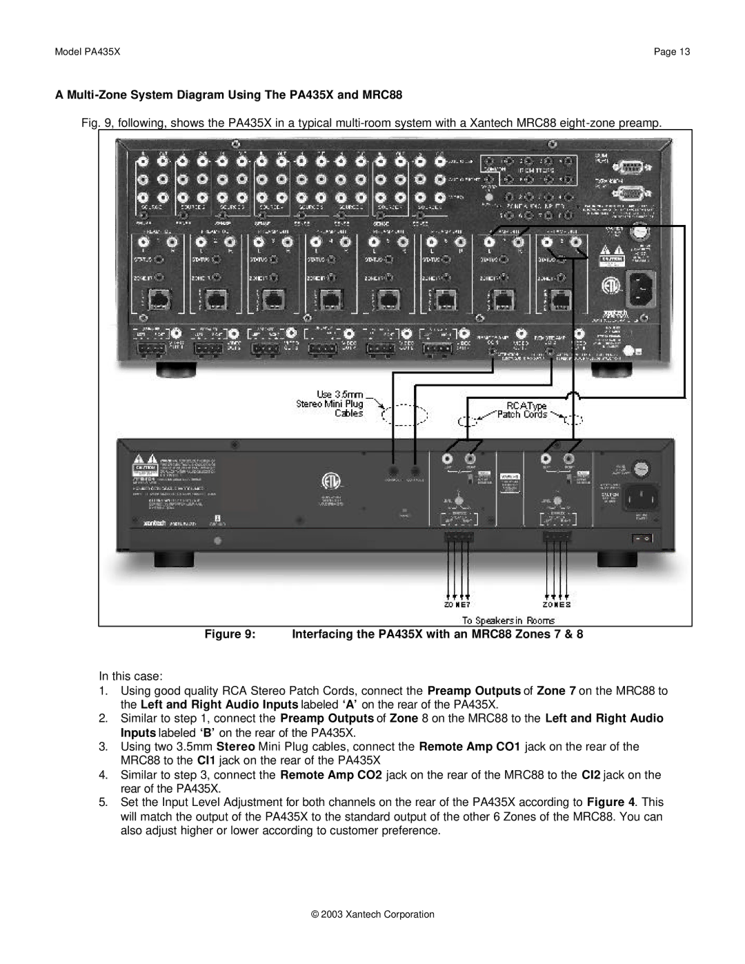 Xantech Multi-Zone System Diagram Using The PA435X and MRC88, Interfacing the PA435X with an MRC88 Zones 7 