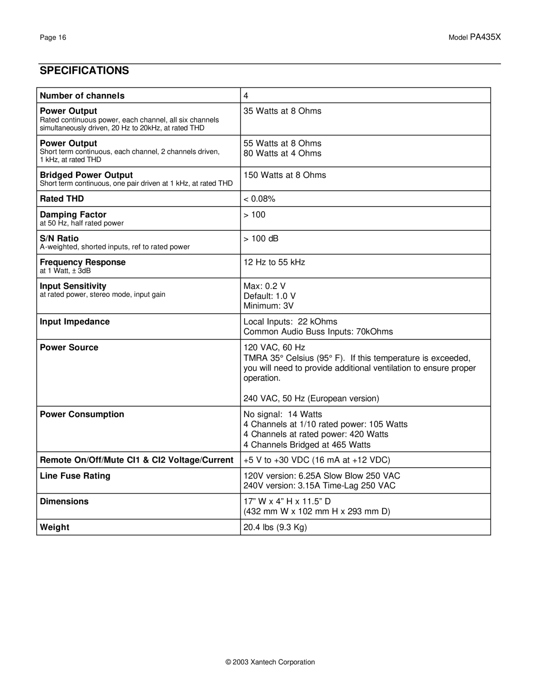 Xantech PA435X installation instructions Specifications 