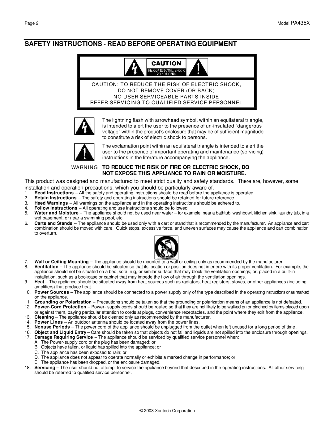 Xantech PA435X Safety Instructions Read Before Operating Equipment, Not Expose this Appliance to Rain or Moisture 