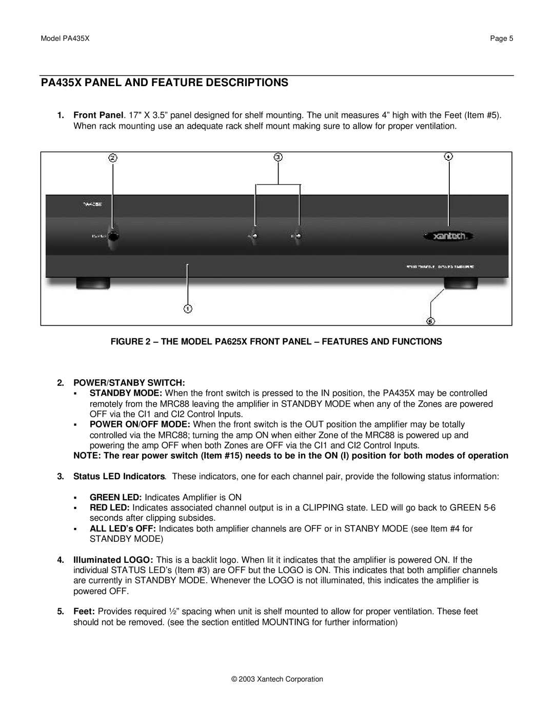 Xantech installation instructions PA435X Panel and Feature Descriptions, Standby Mode 