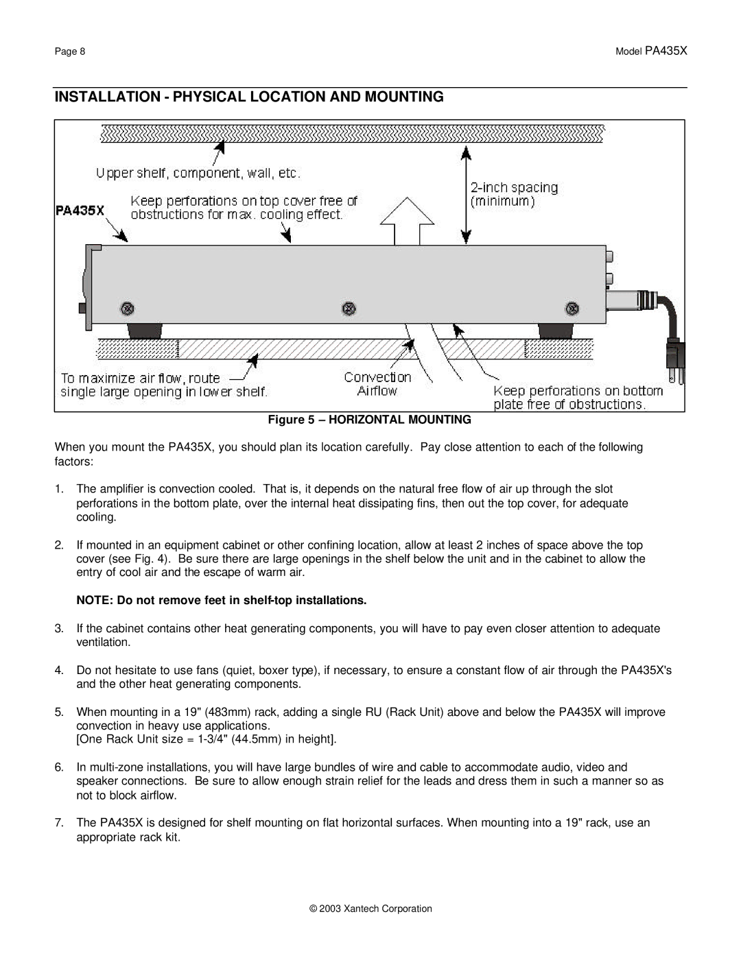 Xantech PA435X installation instructions Installation Physical Location and Mounting, Horizontal Mounting 