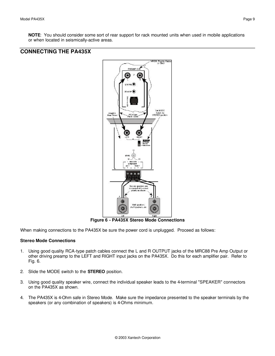 Xantech installation instructions Connecting the PA435X, Stereo Mode Connections 