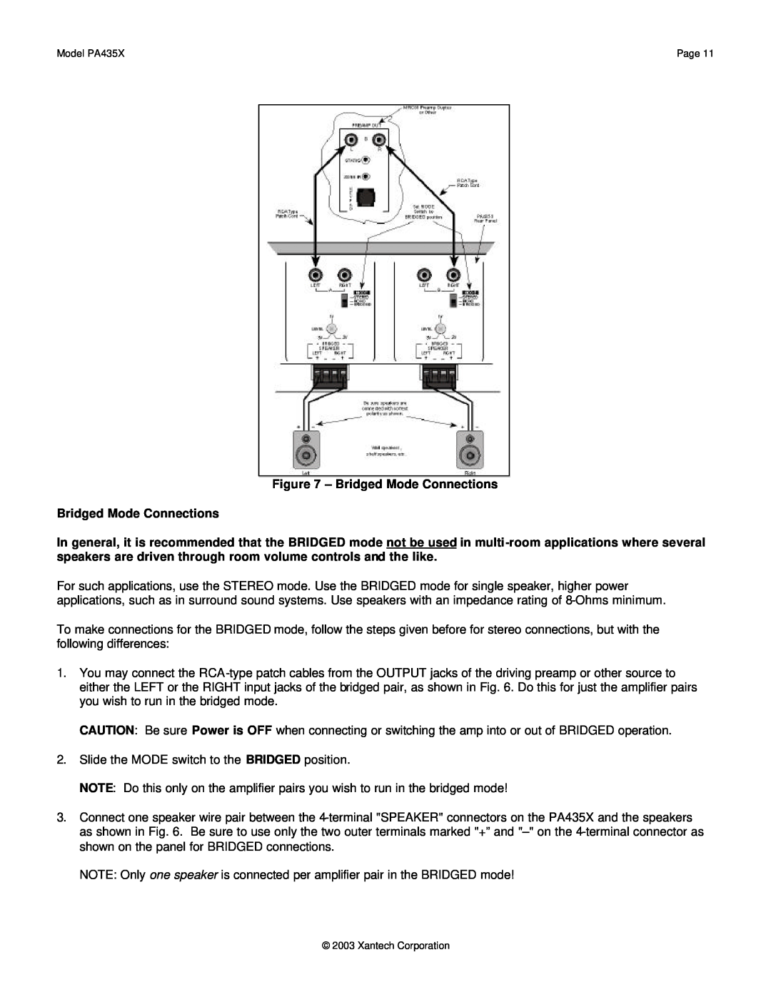 Xantech PA435X installation instructions Bridged Mode Connections 