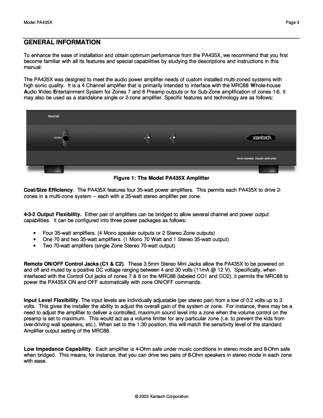 Xantech installation instructions General Information, The Model PA435X Amplifier 