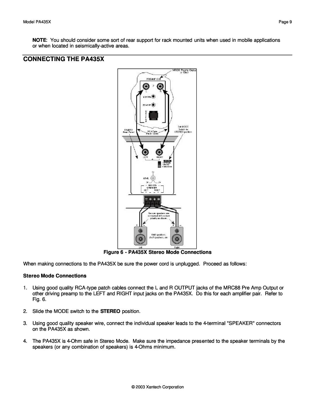 Xantech installation instructions CONNECTING THE PA435X, PA435X Stereo Mode Connections 