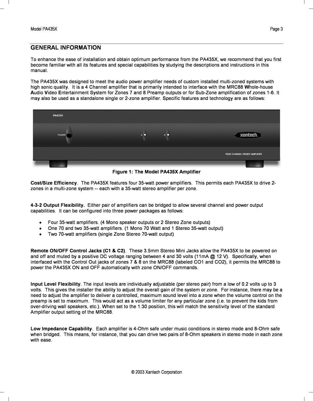 Xantech installation instructions General Information, The Model PA435X Amplifier 