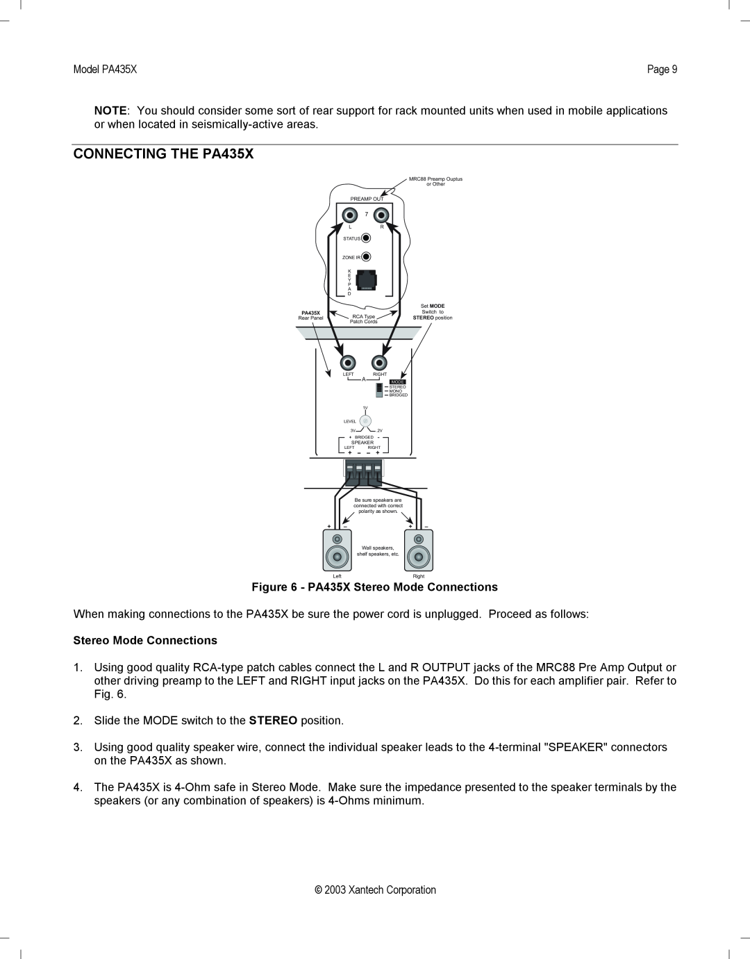 Xantech installation instructions CONNECTING THE PA435X, PA435X Stereo Mode Connections 