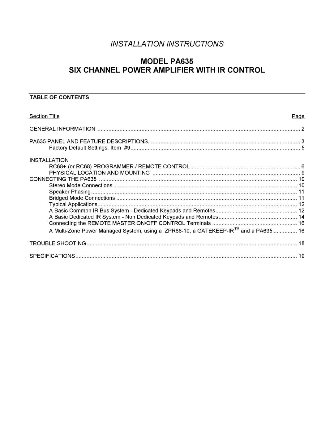 Xantech installation instructions Model PA635 SIX Channel Power Amplifier with IR Control, Table of Contents 