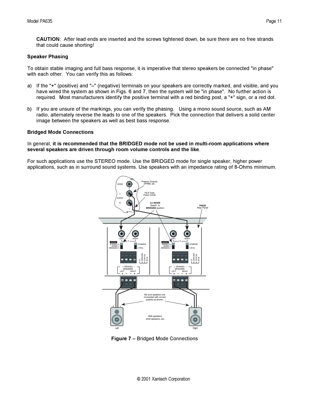 Xantech PA635 installation instructions Speaker Phasing, Bridged position 