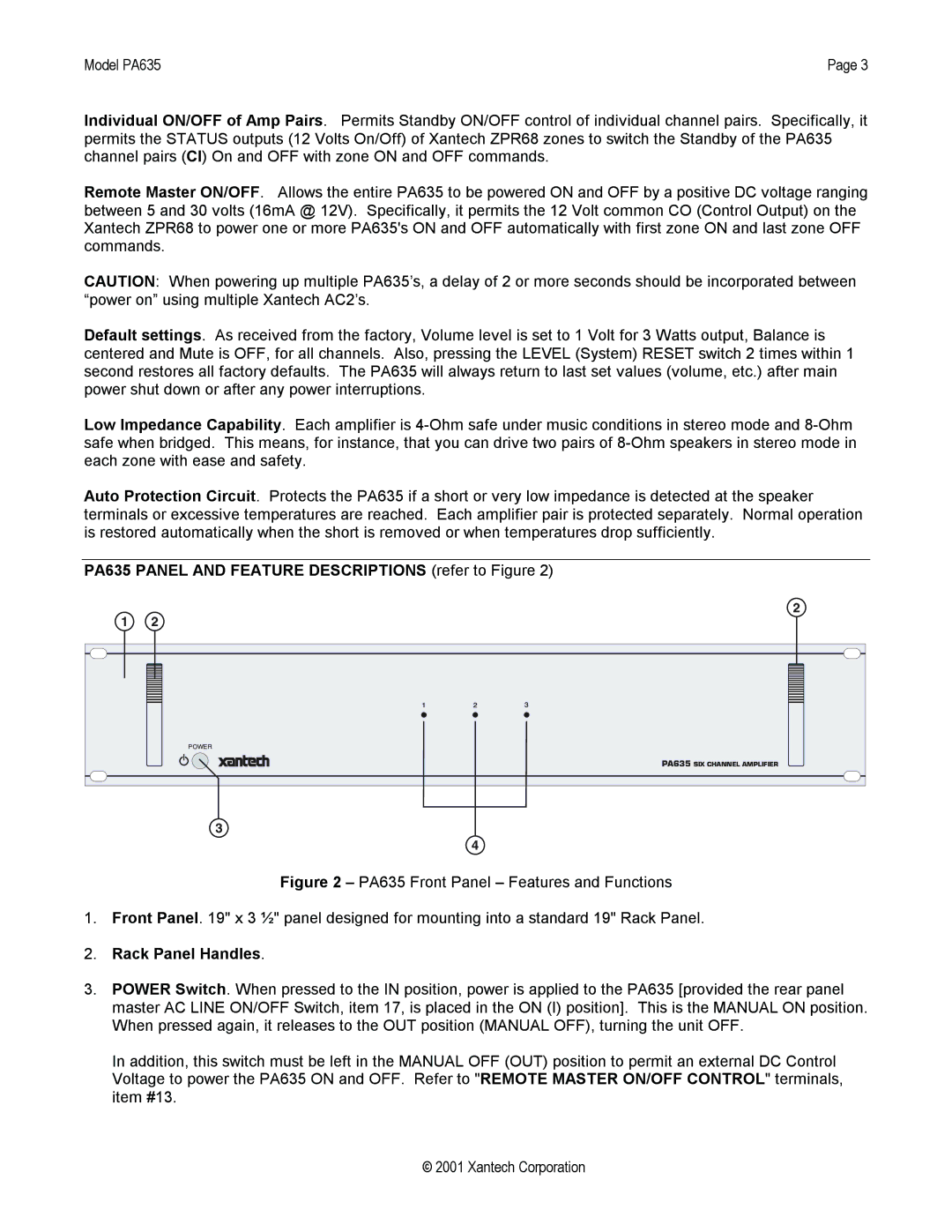 Xantech installation instructions PA635 Panel and Feature Descriptions refer to Figure, Rack Panel Handles 