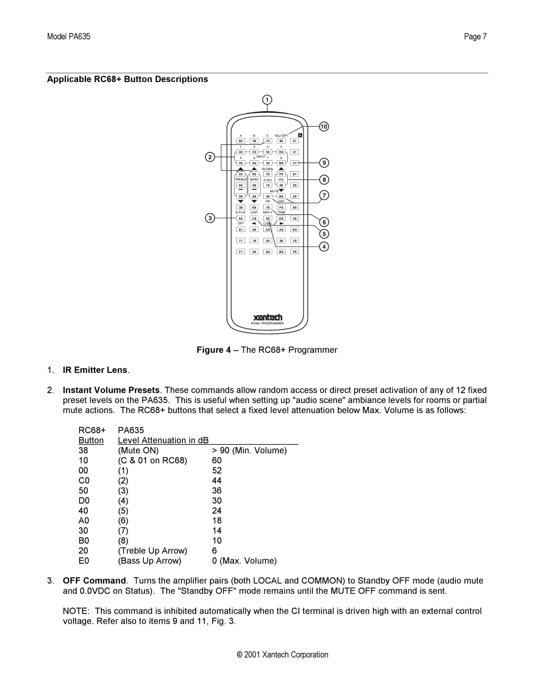 Xantech PA635 installation instructions Applicable RC68+ Button Descriptions, IR Emitter Lens 