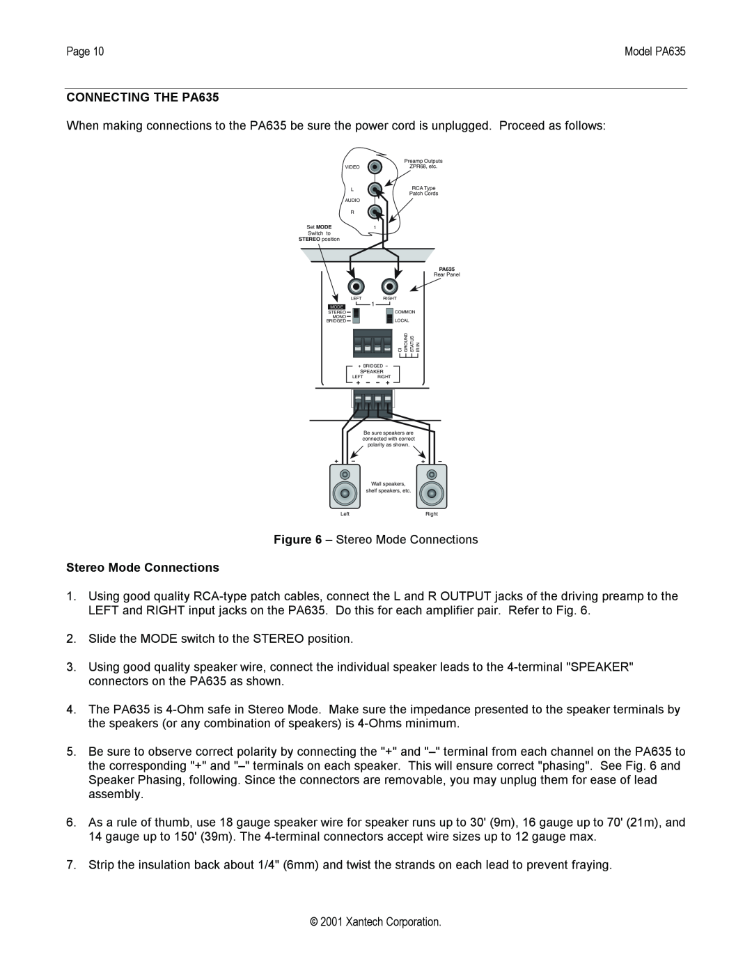 Xantech installation instructions CONNECTING THE PA635, Stereo Mode Connections, Left, Right 