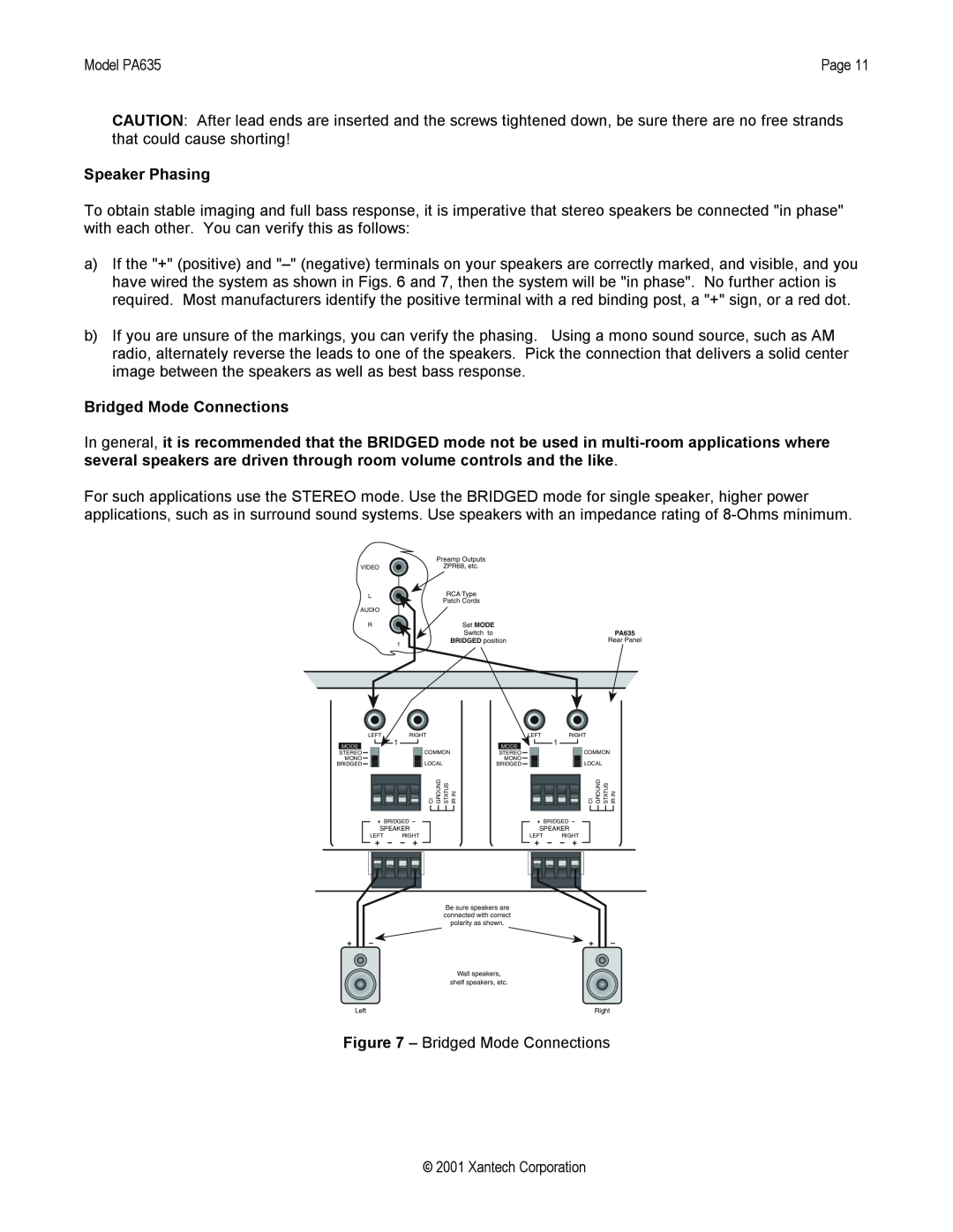 Xantech PA635 installation instructions Speaker Phasing, Bridged Mode Connections 