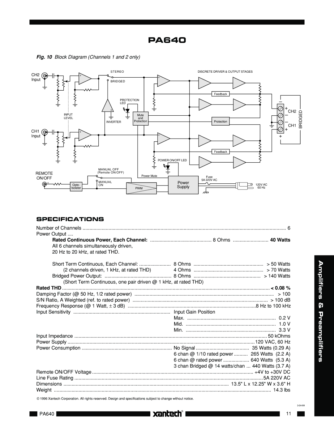 Xantech PA640 installation instructions Specifications, Remote ON/OFF 