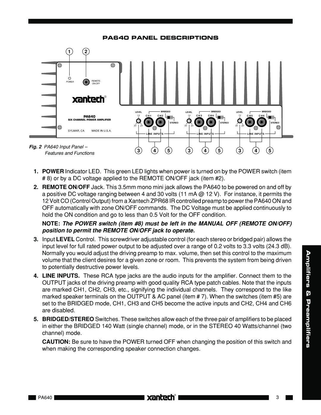 Xantech installation instructions PA640 Panel Descriptions, PA640 Input Panel Features and Functions 