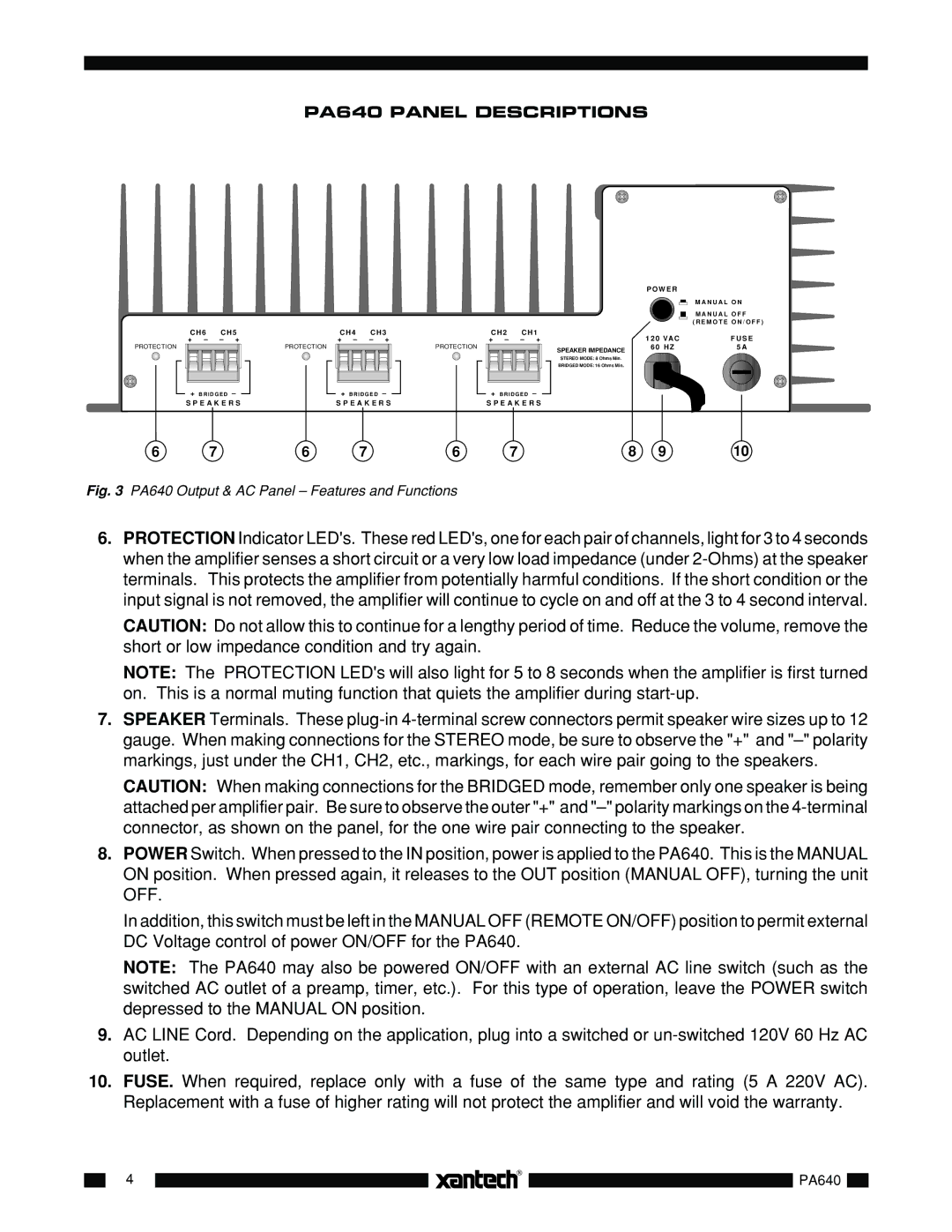 Xantech installation instructions PA640 Output & AC Panel Features and Functions 