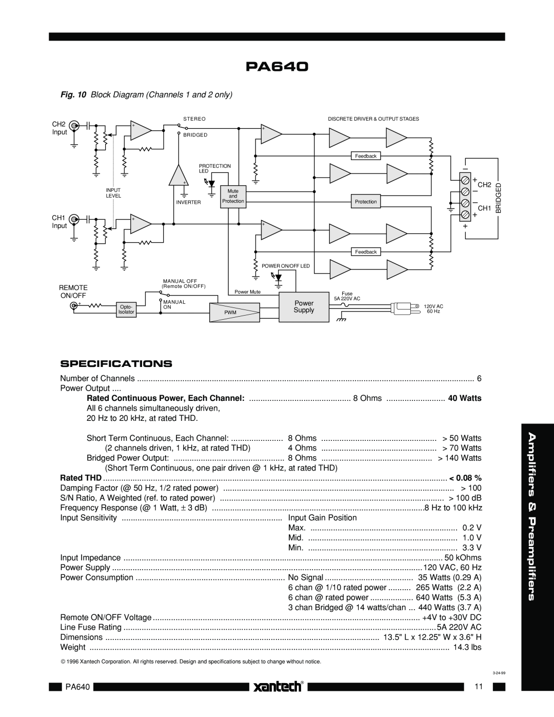 Xantech PA640 Amplifiers & Preamplifiers, Specifications, Block Diagram Channels 1 and 2 only, Watts, 0.08 % 