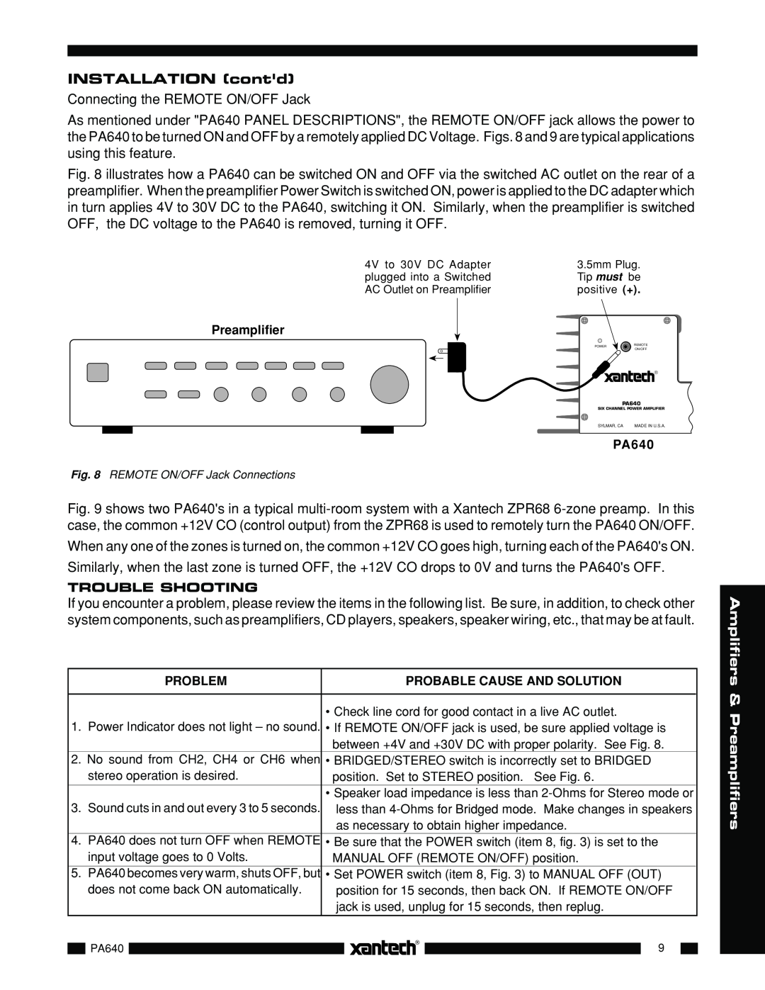 Xantech PA640 installation instructions INSTALLATION contd, Connecting the REMOTE ON/OFF Jack 