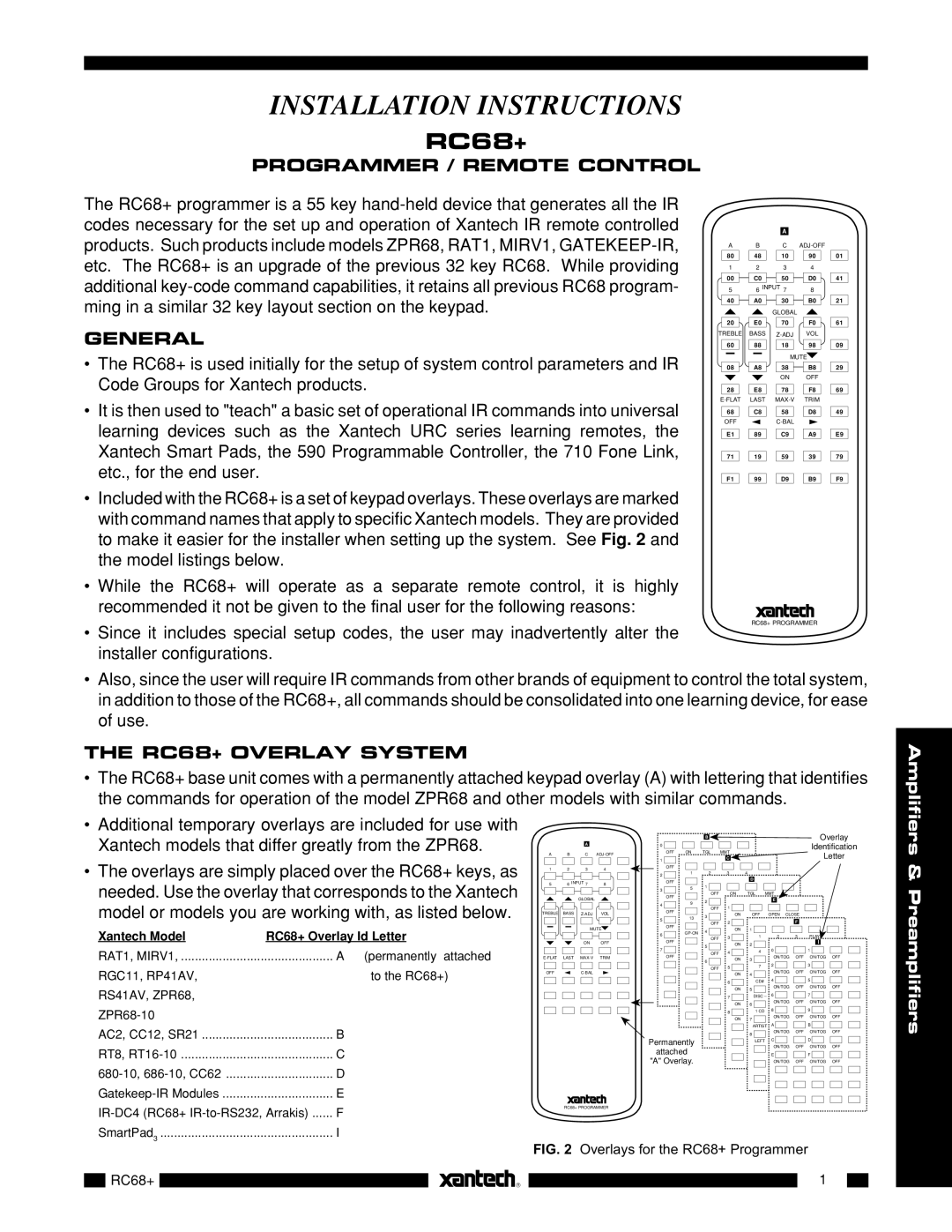 Xantech installation instructions Programmer / Remote Control, General, RC68+ Overlay System 