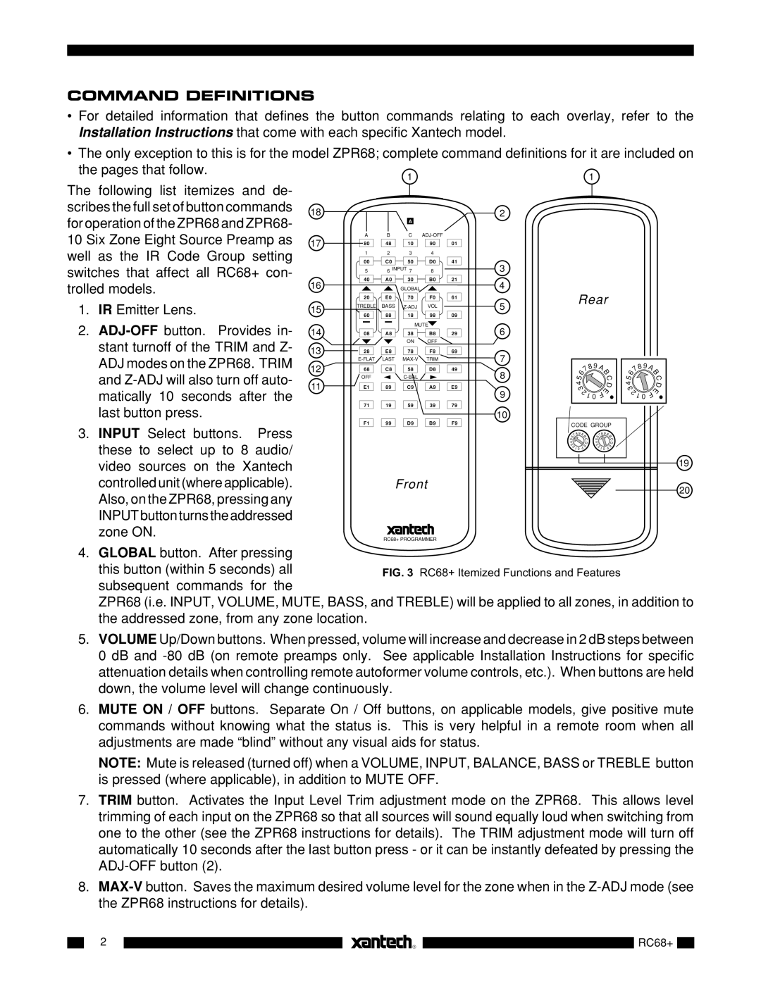 Xantech RC68+ Command Definitions, Pages that follow Following list itemizes and de, Six Zone Eight Source Preamp as 