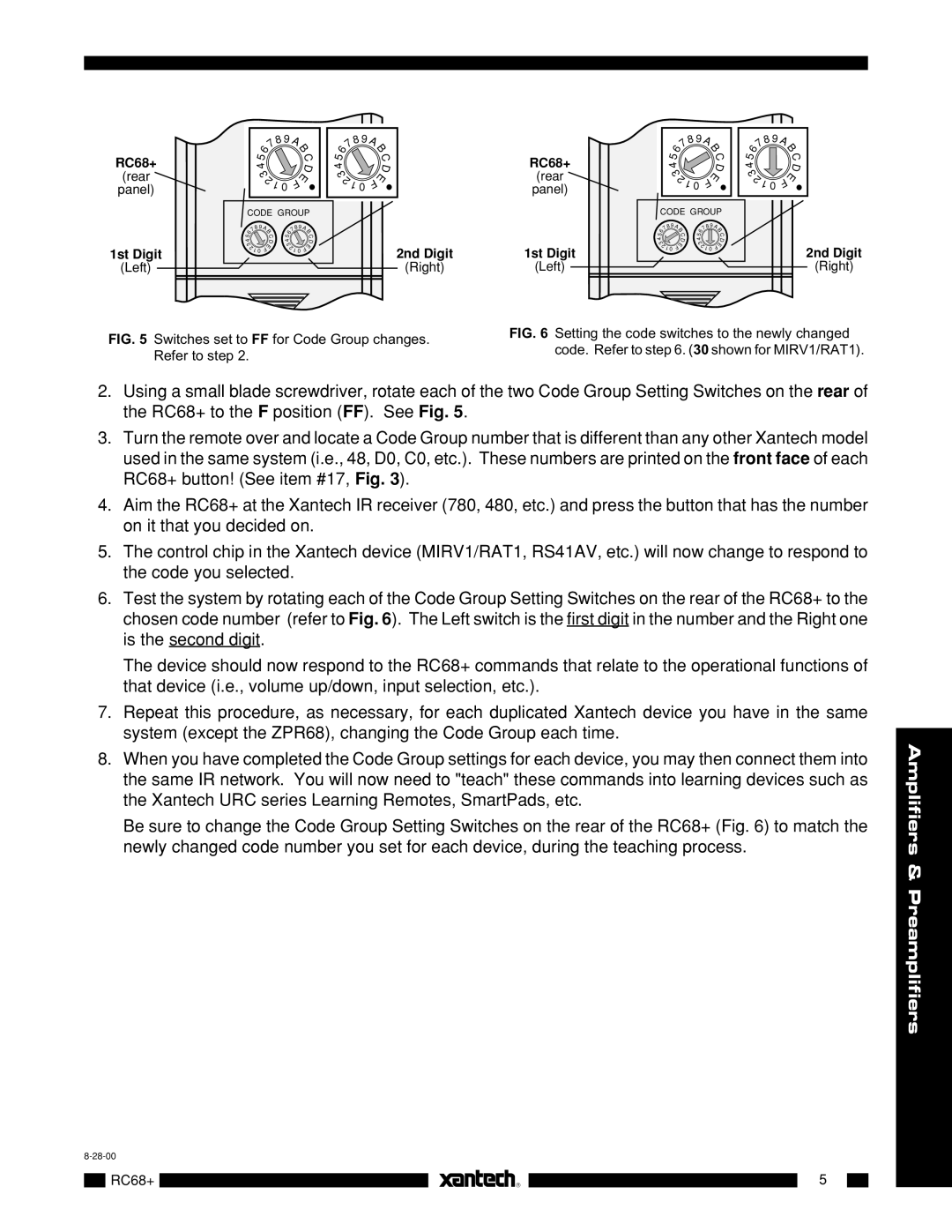 Xantech RC68+ installation instructions Switches set to FF for Code Group changes 