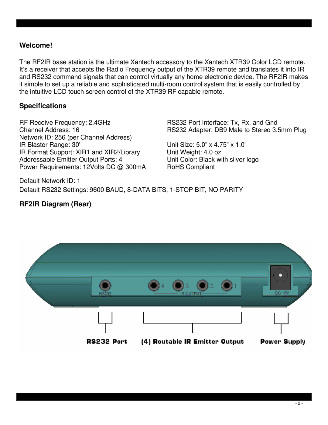 Xantech installation instructions Welcome, Specifications, RF2IR Diagram Rear 