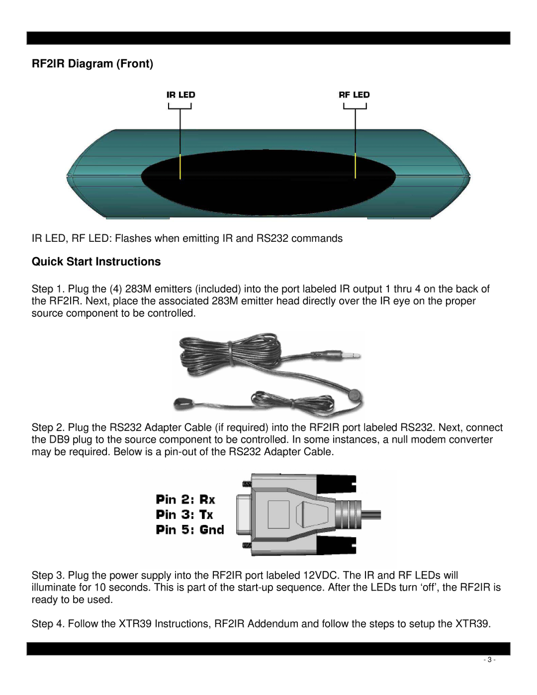 Xantech installation instructions RF2IR Diagram Front, Quick Start Instructions 