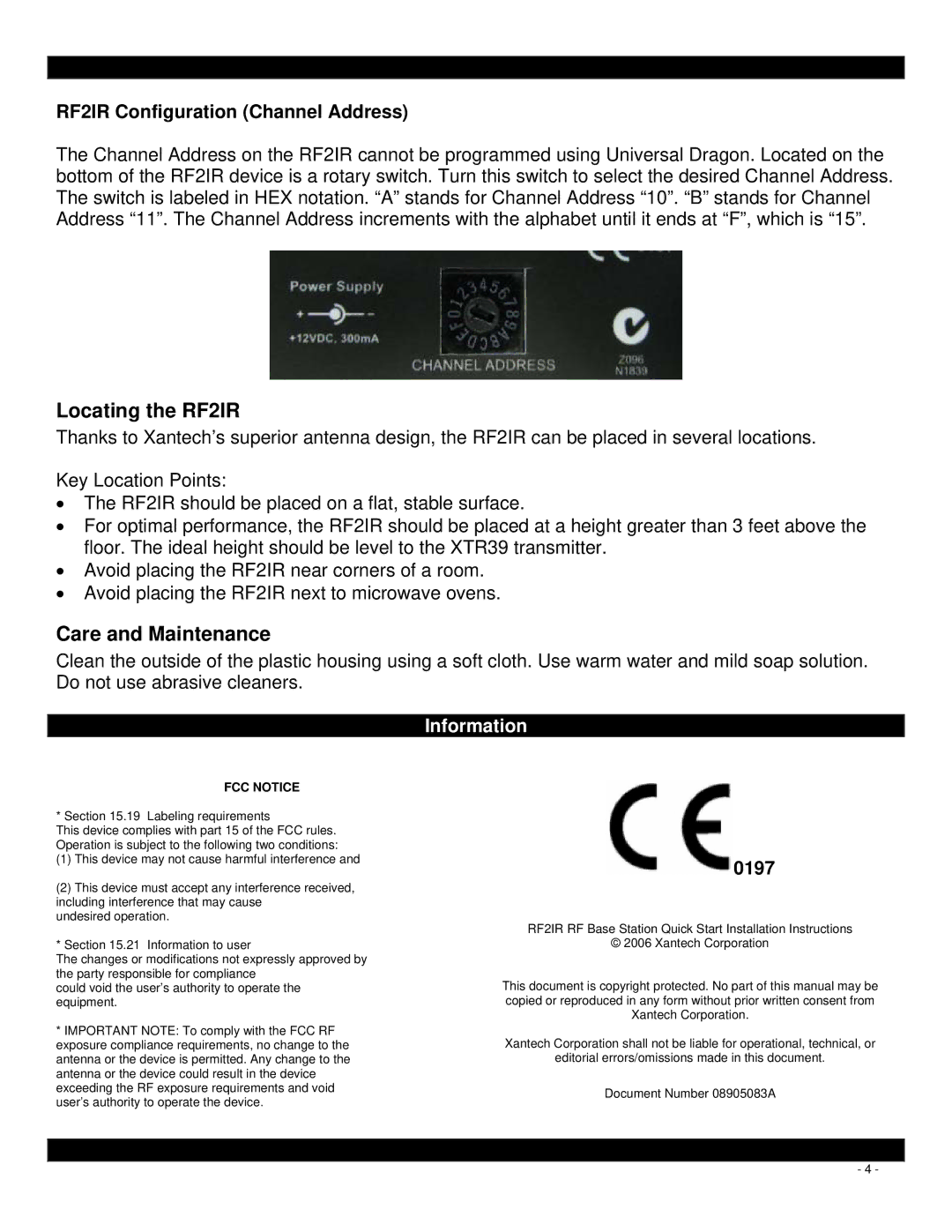 Xantech installation instructions Locating the RF2IR, Care and Maintenance 