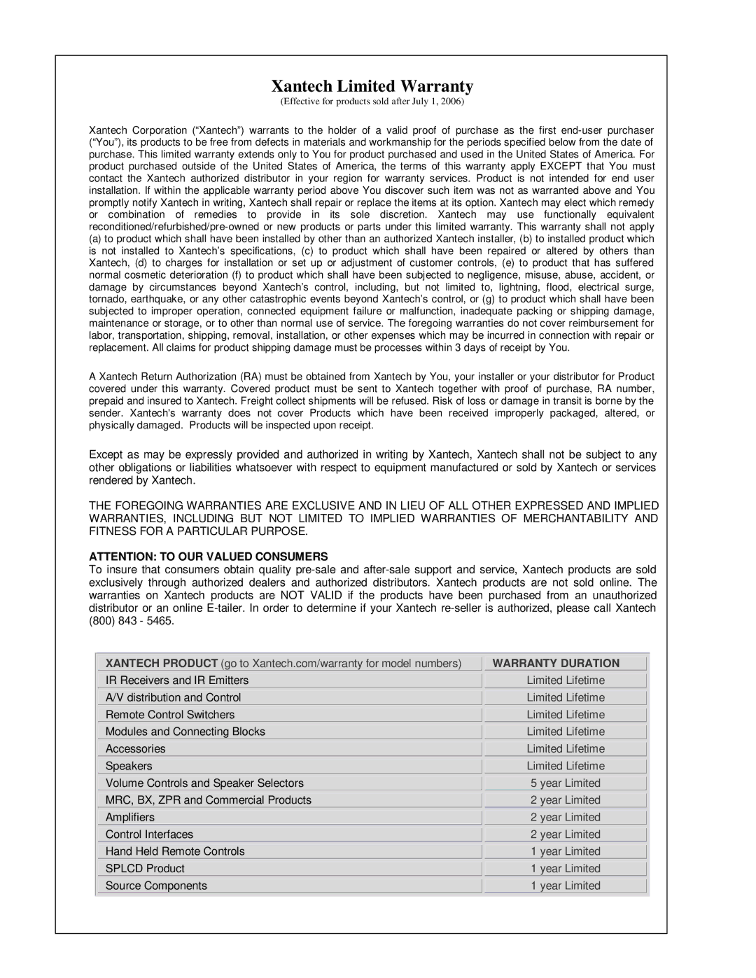 Xantech RF2IR installation instructions Xantech Limited Warranty 