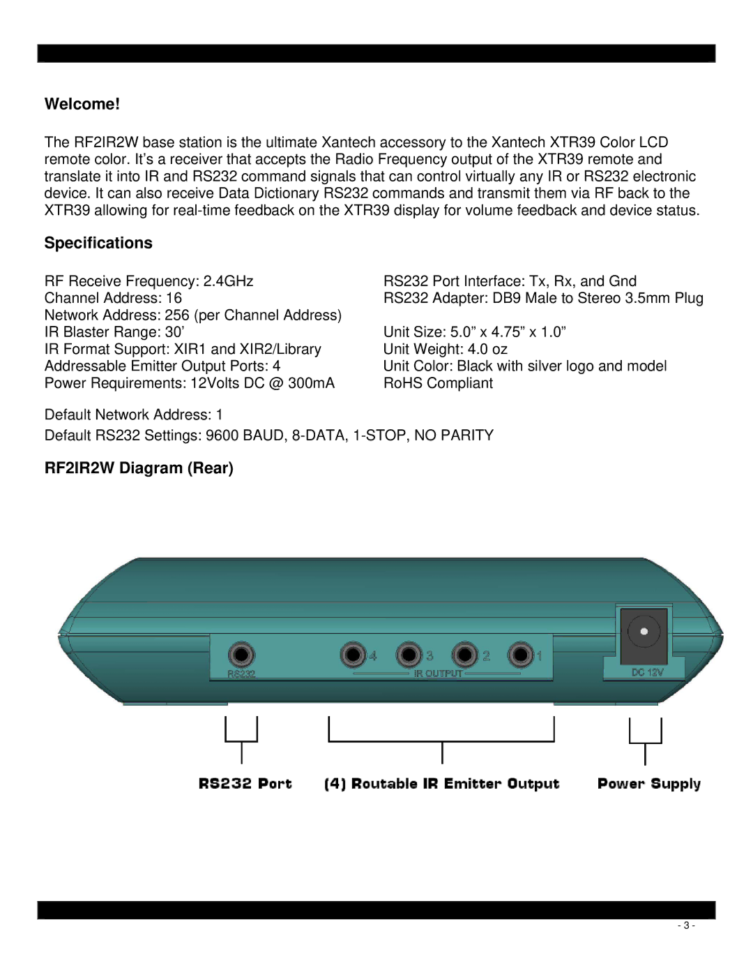 Xantech quick start Welcome, Specifications, RF2IR2W Diagram Rear 