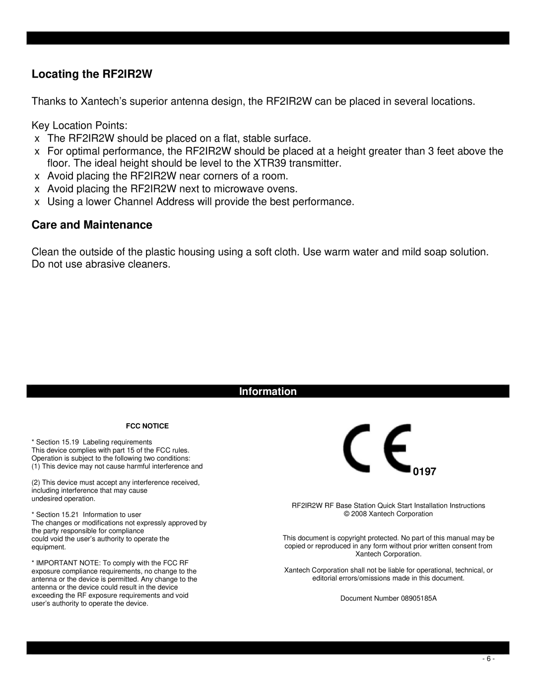 Xantech quick start Locating the RF2IR2W, Care and Maintenance 