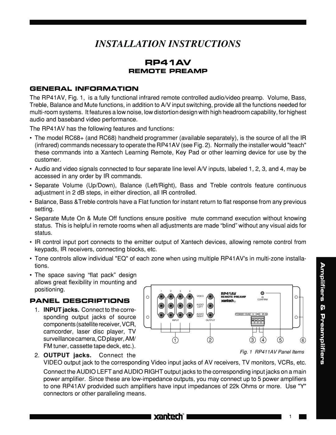 Xantech RP41AV installation instructions Remote Preamp General Information, Panel Descriptions 