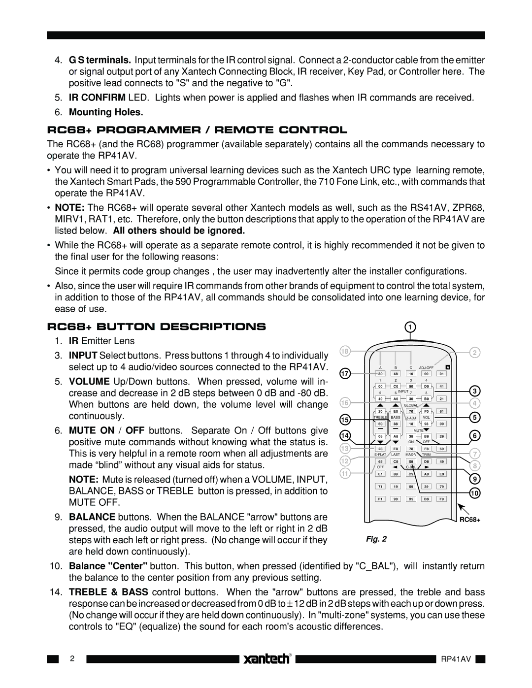 Xantech RP41AV installation instructions RC68+ Programmer / Remote Control, RC68+ Button Descriptions 