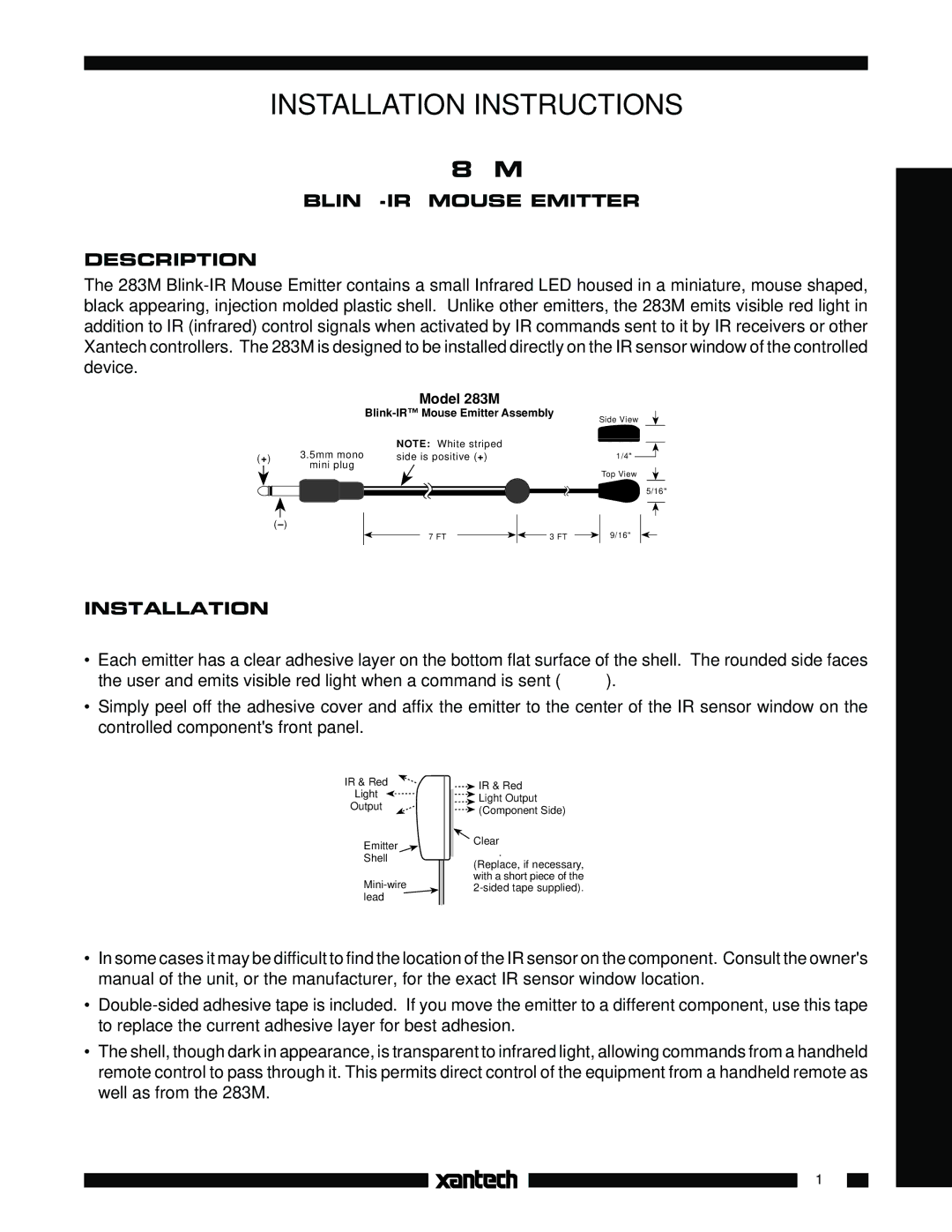 Xantech RP41AV BLINK-IR Mouse Emitter Description, Installation Attaching the Emitters to IR Sensor Windows 