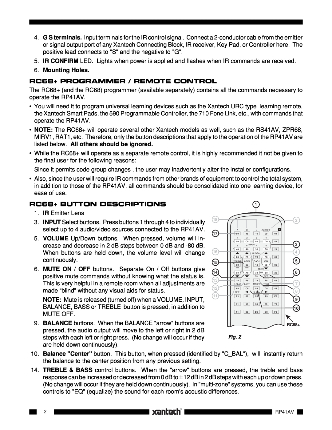 Xantech RP41AV installation instructions Mounting Holes, RC68+ PROGRAMMER / REMOTE CONTROL, RC68+ BUTTON DESCRIPTIONS 