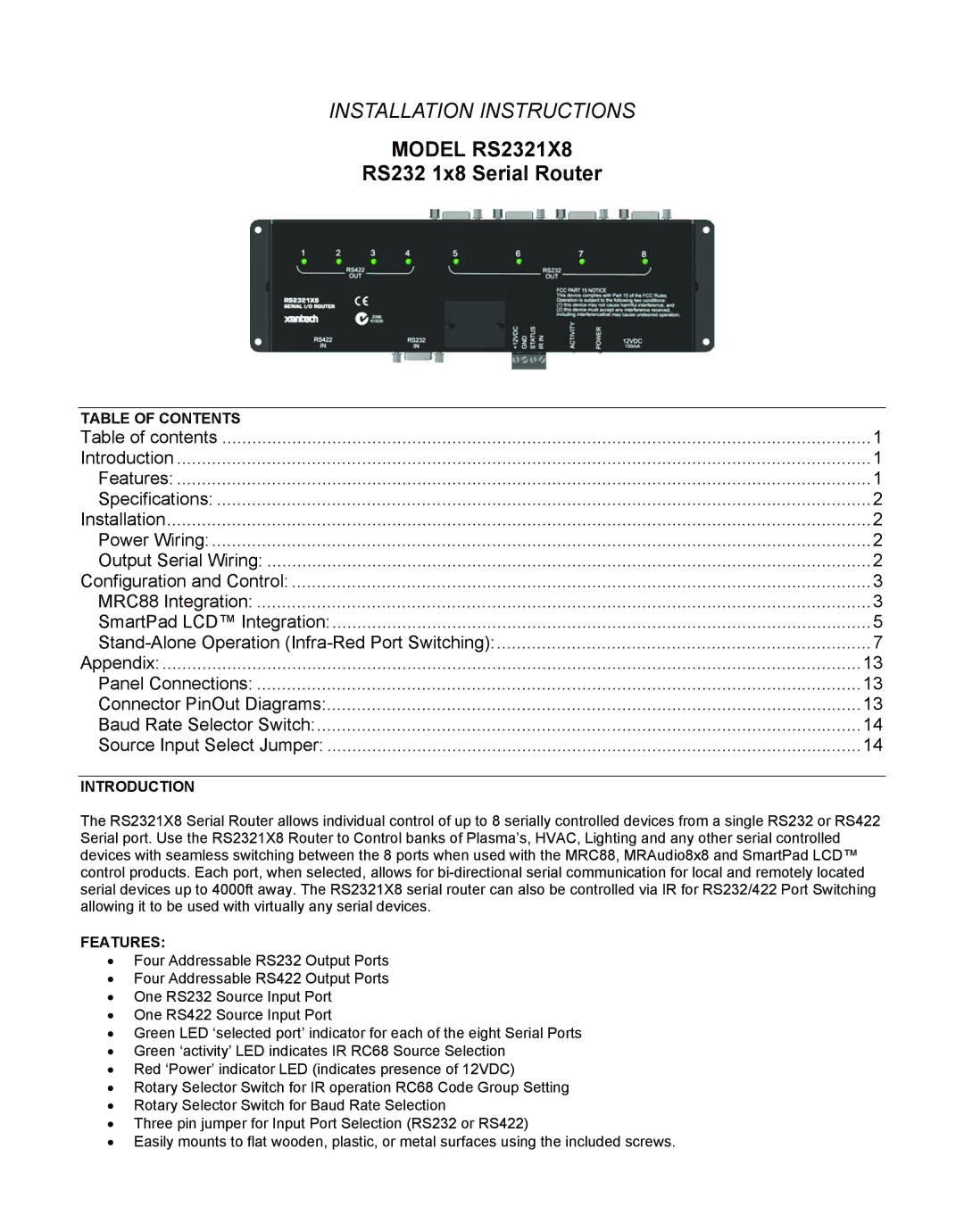 Xantech RS2321X8 installation instructions Table of Contents, Introduction, Features 