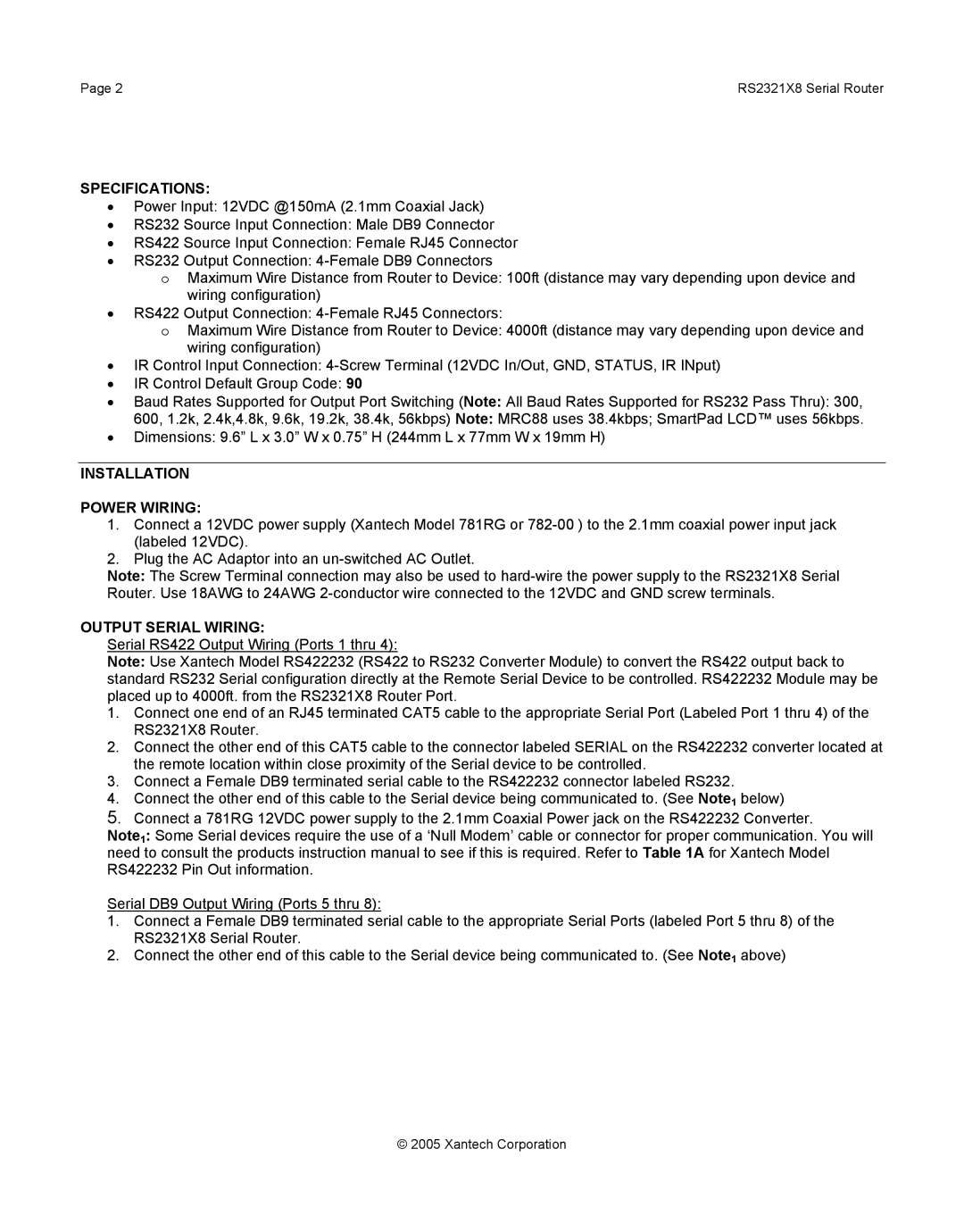 Xantech RS2321X8 installation instructions Specifications, Installation Power Wiring, Output Serial Wiring 