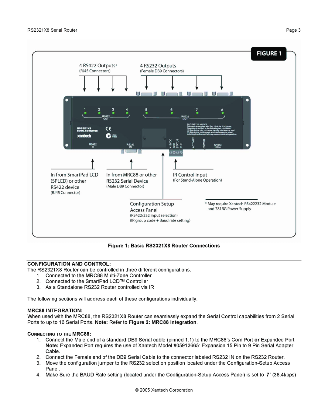 Xantech RS2321X8 installation instructions Configuration and Control, MRC88 Integration 