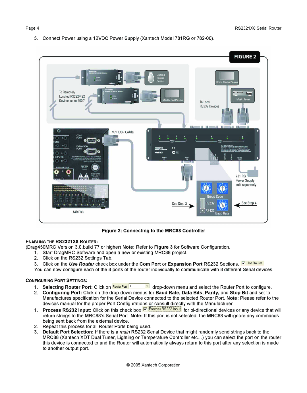 Xantech RS2321X8 installation instructions Connecting to the MRC88 Controller 