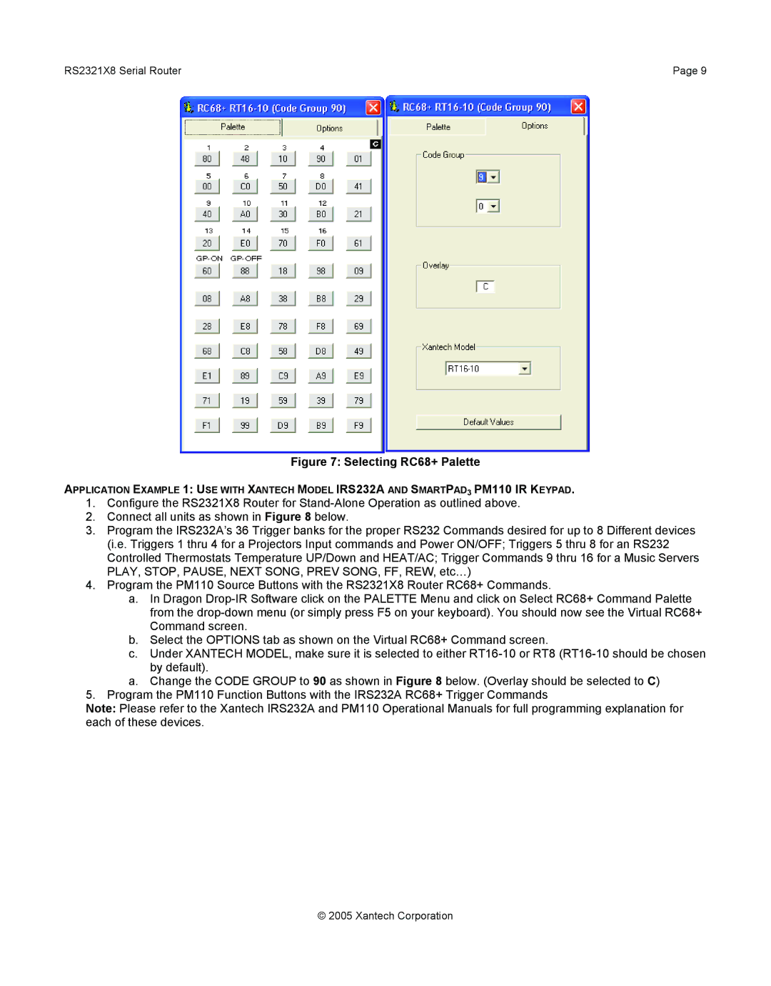 Xantech RS2321X8 installation instructions Selecting RC68+ Palette 