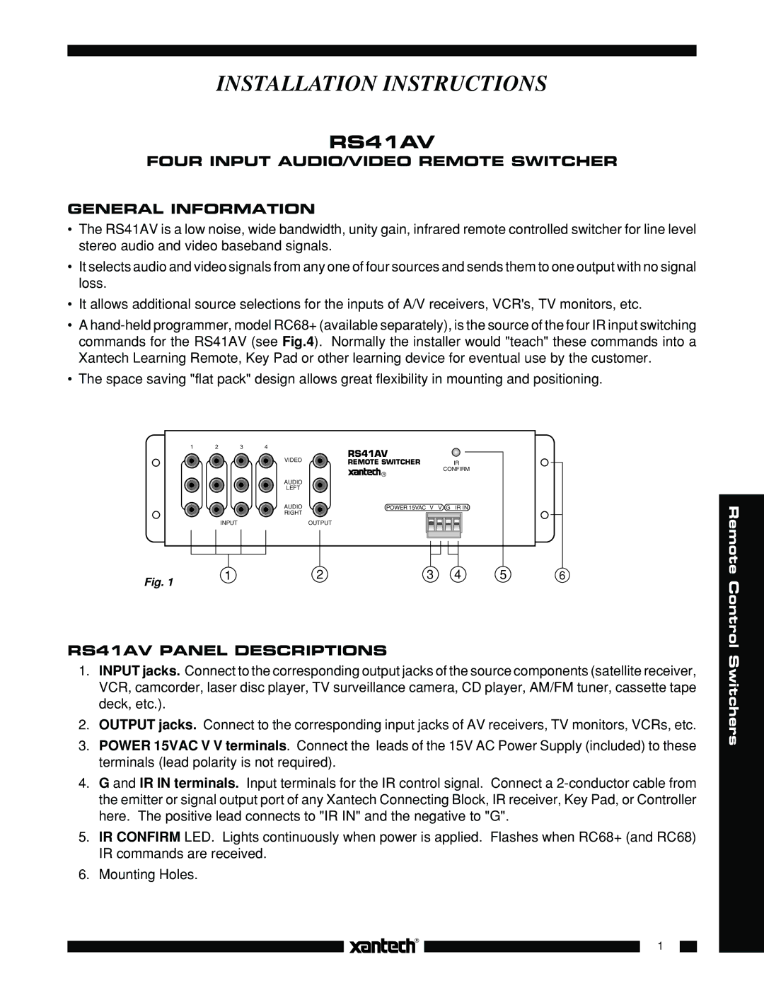 Xantech RS41AV installation instructions Four Input AUDIO/VIDEO Remote Switcher General Information 