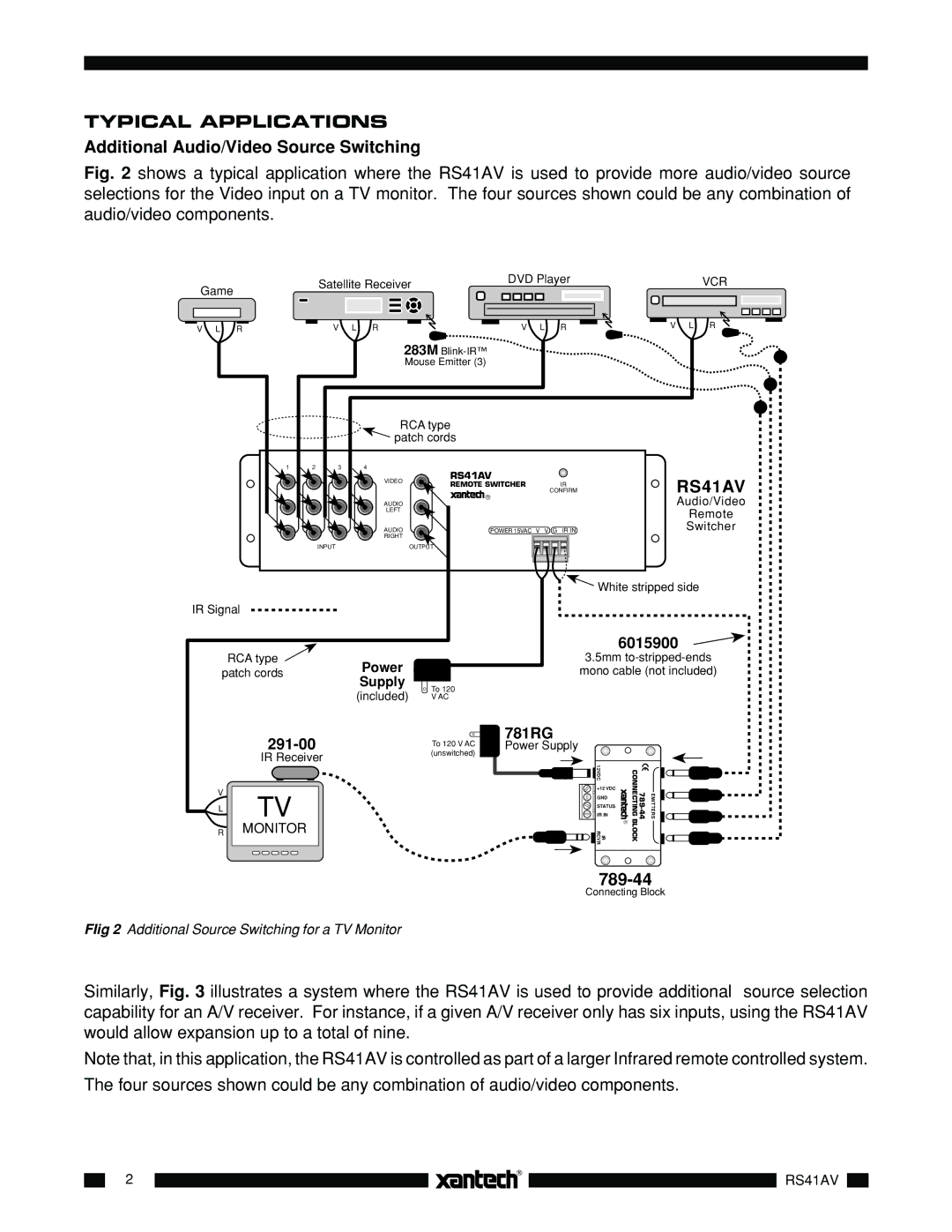 Xantech RS41AV installation instructions Typical Applications, Additional Audio/Video Source Switching 