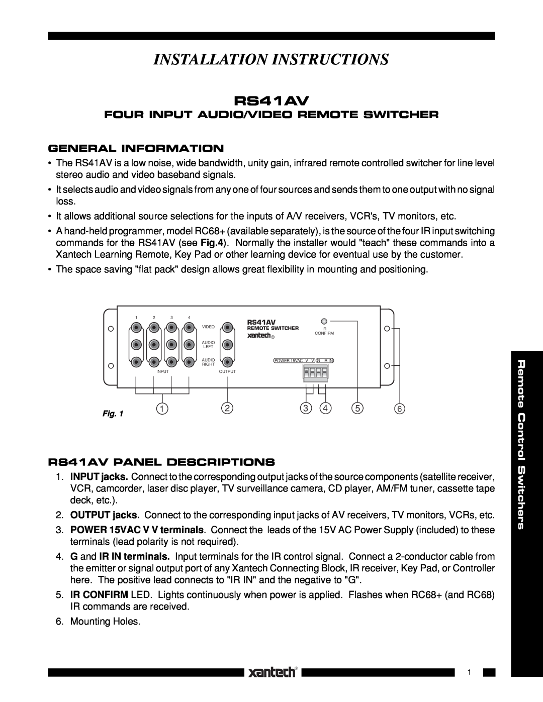 Xantech RS41AV installation instructions Four Input Audio/Video Remote Switcher General Information 