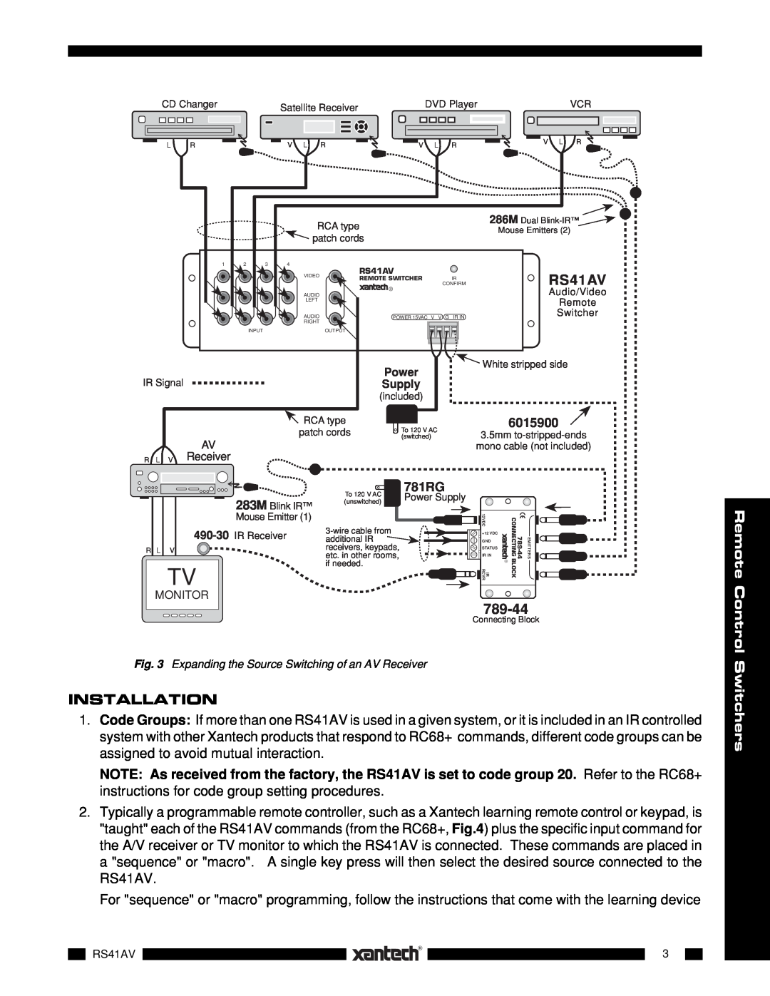 Xantech RS41AV installation instructions Installation, 789-44, 781RG, 6015900, Supply, R L V Receiver, Monitor, Power 