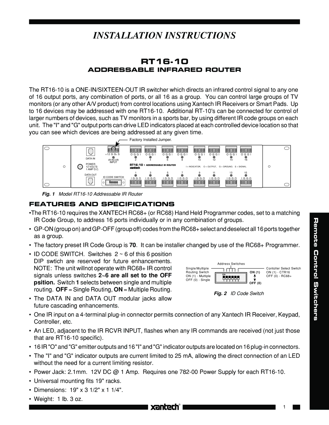 Xantech RT16-10 installation instructions Addressable Infrared Router, Features and Specifications 