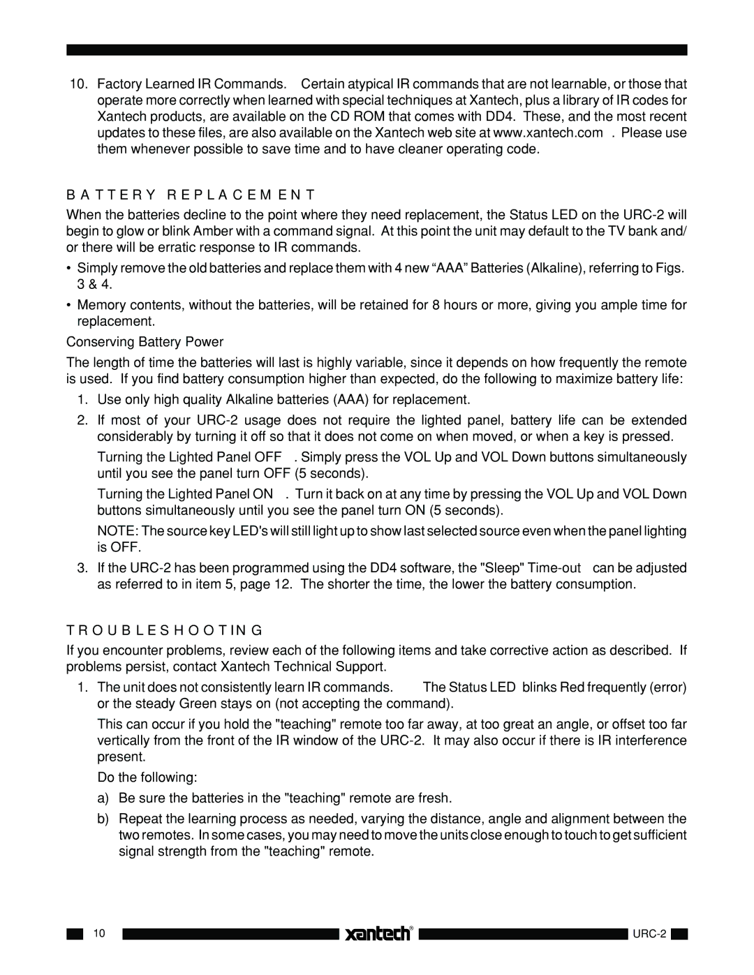 Xantech URC-2 installation instructions Battery Replacement, Conserving Battery Power, Troubleshooting 