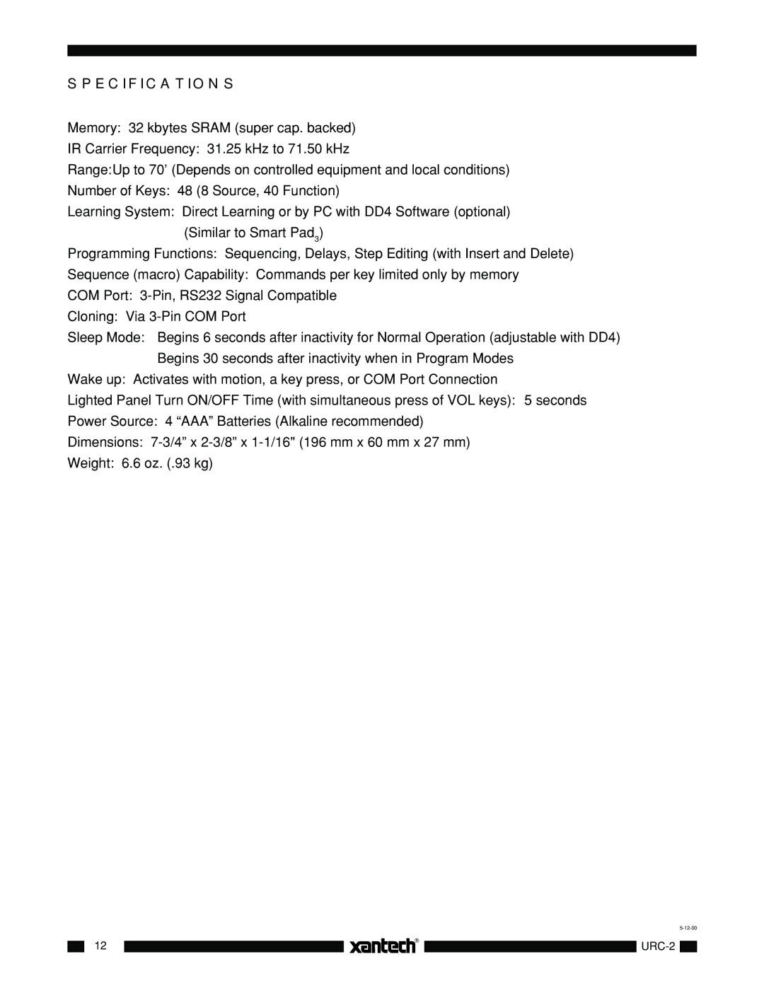 Xantech URC-2 installation instructions Specifications 