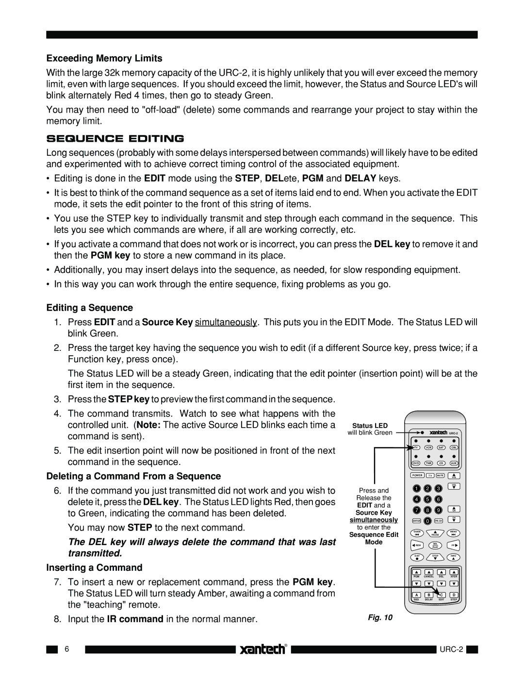 Xantech URC-2 Exceeding Memory Limits, Sequence Editing, Editing a Sequence, Deleting a Command From a Sequence 